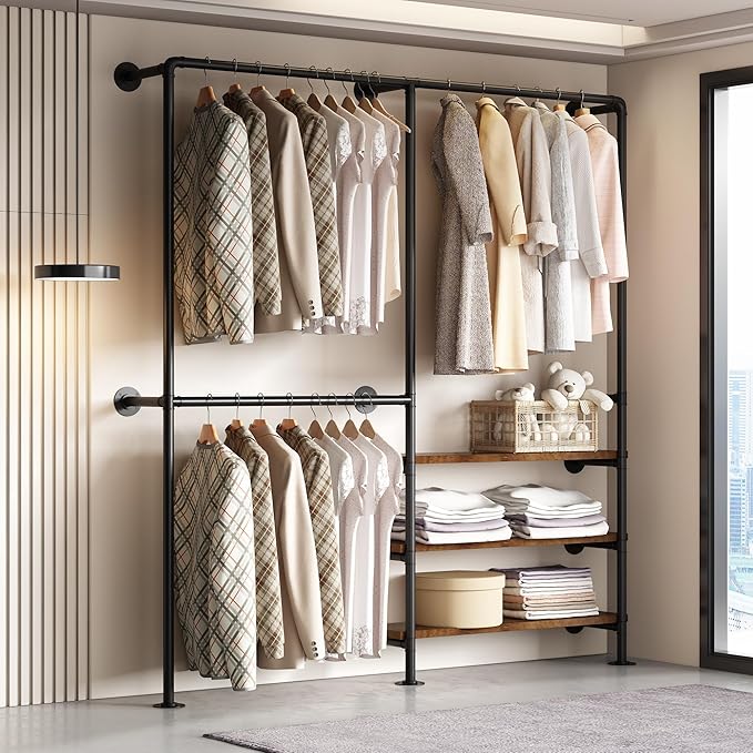 KAILNKISS Industrial Pipe Clothes Rack, Wall Mounted Clothing Rack with Shelves, Heavy Duty Closet Organizers Wardrobe Multi-Purpose Storage Clothes Hanging Shelf-70.8''L Black