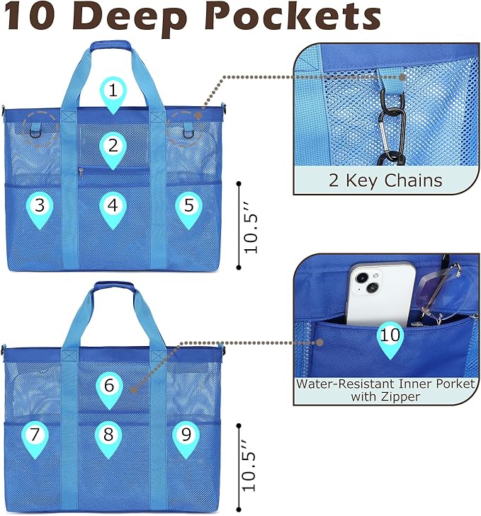 Fammart Mesh Beach Bag, Large Beach Tote Bags with Zipper, Toys Pool Bag for Family Travel Vacation Cruise Essentials
