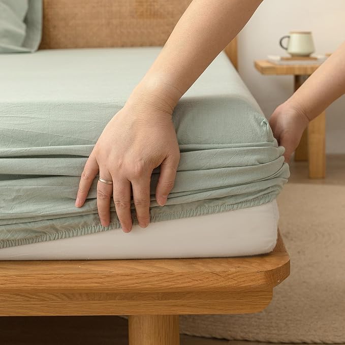 BESTOUCH Sheet Set 100% Washed Cotton Linen Feel Super Soft Comfortable Chic Lightweight 3 Pcs Home Bedding Set Solid Sage Green Twin