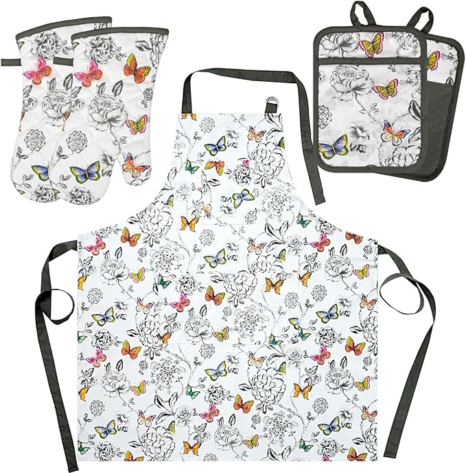 Oven Mitts and Pot Holders with Chaf Apron,Set of 5 Heat Resistant Kitchen Gloves and Silicone Non-Slip Potholders Adjustable Neck Buckle Apron, Cotton Nice Design for Cooking (Butterfly)
