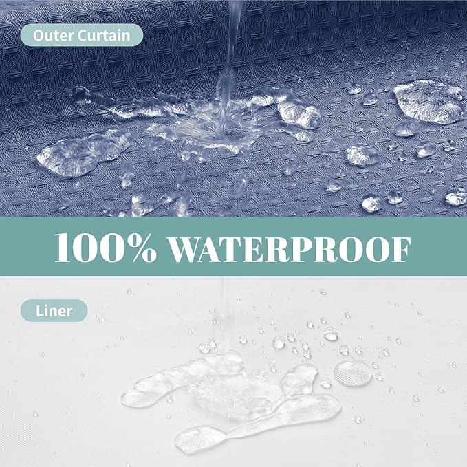 eachope MoonLightBlue Extra Long No Hook Waffle Weave Shower Curtain with snap-in Liner Replacement, 230GSM Waterproof Fabric Hotel Shower Curtain Set for Bathroom, Through Mesh Top Window,71Wx86H