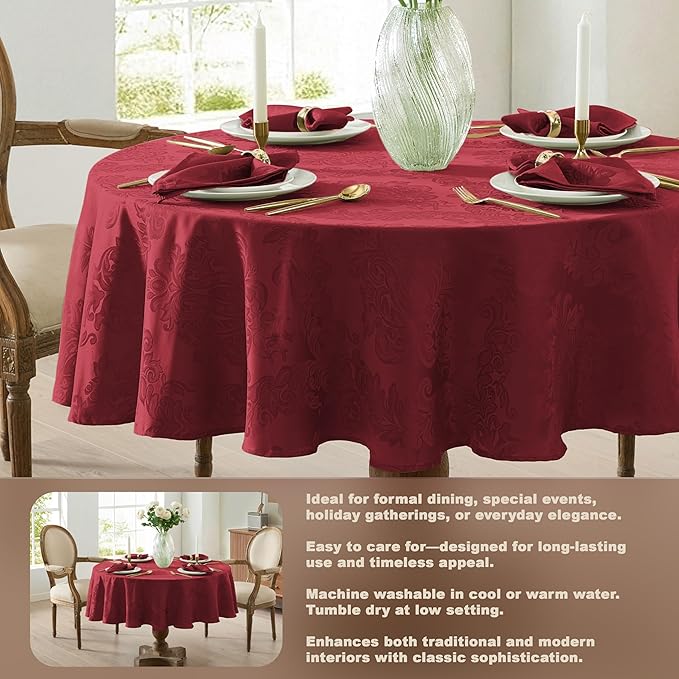 Newbridge Barcelona Damask Fabric Tablecloth, 90 Inch Round, Burgundy – No Iron, Soil Resistant Table Cover for Dining, Parties and Holidays