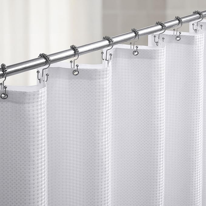 Lameirose 3 in 1 Shower Curtain Set, Waffle Shower Curtain and Liner Set with 12 Double Sided Shower Curtain Hooks, 72 x 84 Fabric Shower Curtains for Bathroom, White
