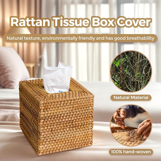 KALEKAIL Rattan Tissue Box Cover, Wicker Tissue Box Holder Square, Boho Decorative Woven Rattan Tissue Holders for Bathroom Living Room Kitchen, Natural