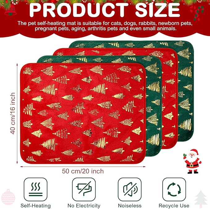 Clysee 4 Pack Self Heating Cat Bed Cat Self Warming Pad with Removable Cover Extra Warm Thermal Pet Pad Washable Pet Crate Mat Anti Slip Kennel for Indoor Outdoor Pets (Christmas Tree,16 x 20 Inches)