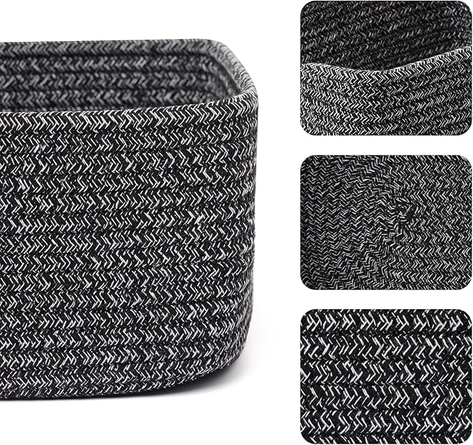 MiniArk Small Storage Baskets for Organizing | Closet Organizer Bins | Shelf Toy Basket | Woven Rope Baskets | Cube Decorative Box | Shallow Basket | 11.5x7.5x4.7” | 3 Packs Dark Gray