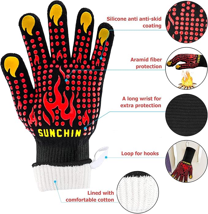 BBQ Fireproof Gloves, Grill Cut-Resistant 1472°F Heat Resistant Gloves, Non-Slip Silicone Oven Gloves, Kitchen Safe Cooking Gloves for Oven Mitts,Barbecue,Cooking, Frying,13 Inch 2pc