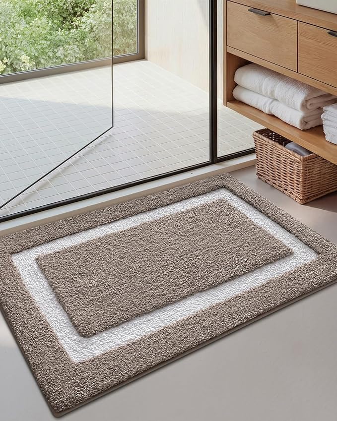 Color&Geometry Bathroom Rugs, Water Absorbent and Quick Dry Microfiber Bath Rugs-20"x32", Non-Slip, Machine Washable, Extra Soft Plush Bath Mats for Bathroom, Laundry Room, Dark Beige White