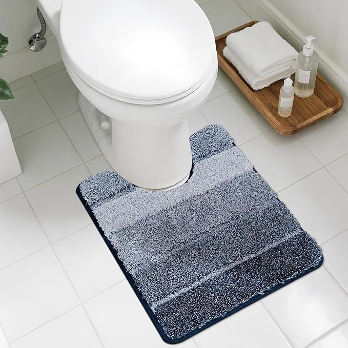 COSY HOMEER Toilet Rugs U-Shaped 24"x20", Ultra Soft Absorbent Bath Mat with Non-Slip TPR Backing, Machine Washable Shaggy Rug for Toilet, Dark Blue