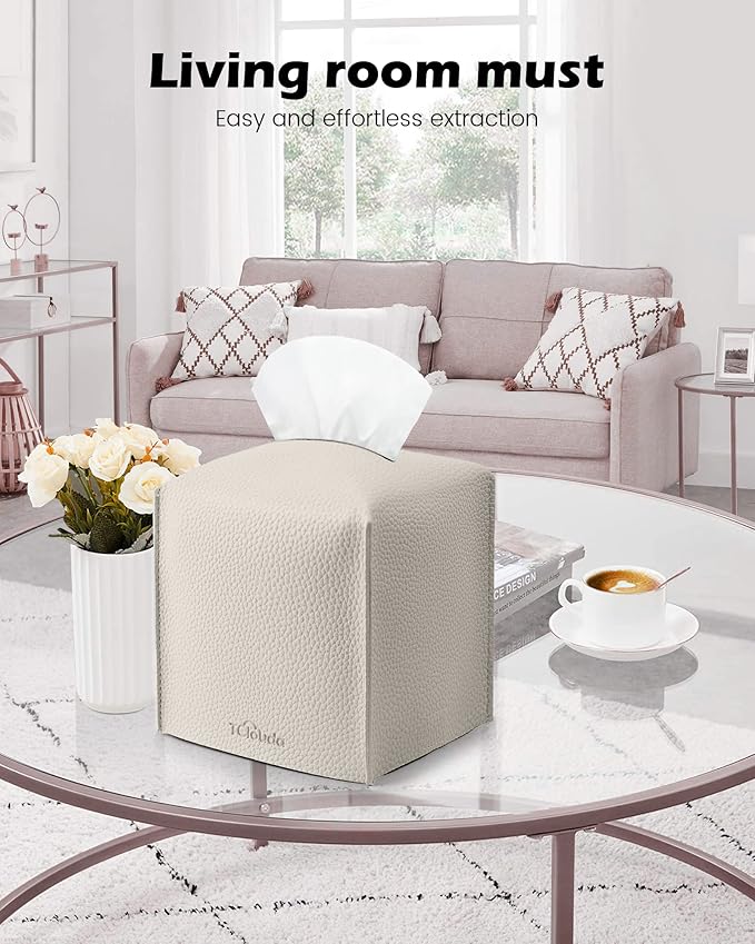 Tclouda Tissue Box Cover for PU Leather, Modern Simple Solid Color Holder Square Tissue Bag, Ideal for Bathrooms,Office,Car,Outdoor Tent,Dining Table,5"X5"X5", Single Off-White