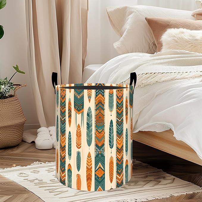ainori Feather Laundry Basket, Oxford Cloth Vintage Boho Dirty Clothes Collapsible Hamper for Room Decor, Tribal Inspired Print Gifts Toy Organizer 19.7 * 15.8 Inch for Bedroom Bathroom Dorm