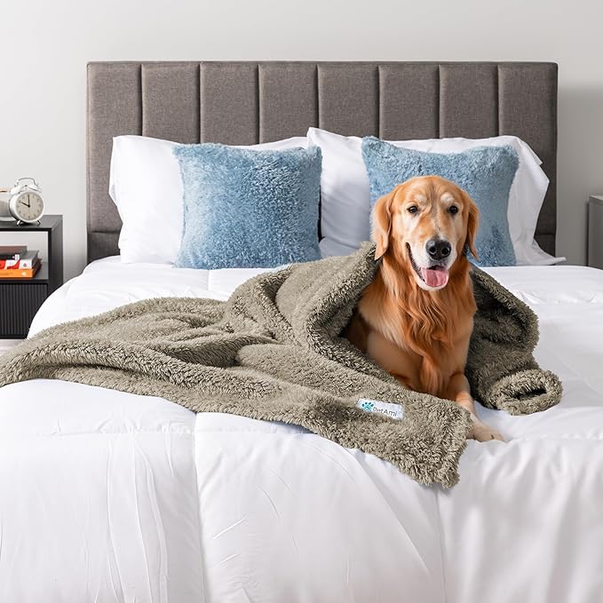PetAmi Fluffy Waterproof Dog Blanket for Bed Large Dogs, Soft Warm Pet Sherpa Throw Pee Proof Couch Cover, Reversible Cat Blanket Sofa Crate Kennel Protector, Washable Mat (Taupe Camel, 60x80)