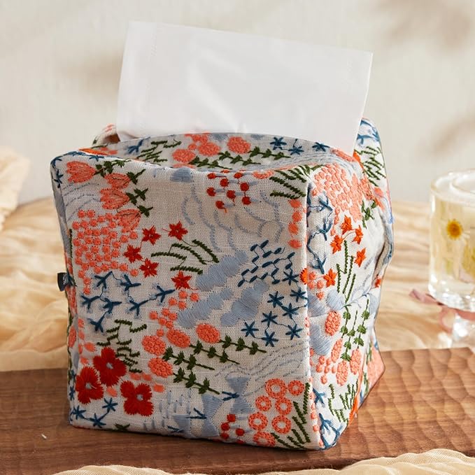 Hausfrau Tissue Box Cover Square Embroidered Jacquard Linen Tissue Holder Case Cube Decorative for Bathroom Vanity Countertop Desk Office, 5.3"x5.3"x5.3", Cream Flowersea