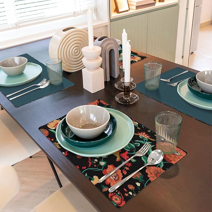 Boho Mandala Flower Placemats, Abstract Nature Hippy Orange Nature Flower Art Print Washable Fabric Placemats Table Kitchen Dining Party 12x18 Inch Set of 4