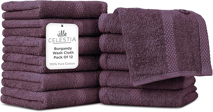 Villa Celestia 100% Cotton Wash Cloth for face & Body Set of 12, (12 x 12 inches) Sustainable, Soft, Highly Absorbent, Combed Cotton Wash Cloths Pack of 12 for Hotels, Spa, Bathroom, Dorm, Burgandy