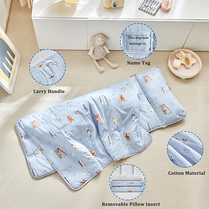 DuShow Cotton Toddler Nap Mat for Boys,Roll Up Slumber Bags Cars Pattern,Toddler Nap Mat with Removable Pillow and Blanket, Kids Sleeping Mat for Daycare,Preschool and Kindergarten-Blue