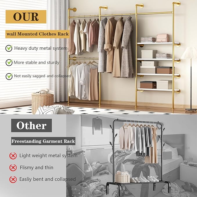 KAILNKISS Industrial Pipe Clothes Rack, Gold Clothing Rack with Shelves, Wall Mounted Clothes Rack Heavy Duty Closet Organizers Wardrobe Multi-Purpose Storage Clothes Hanging Shelf - 94.5''L Gold