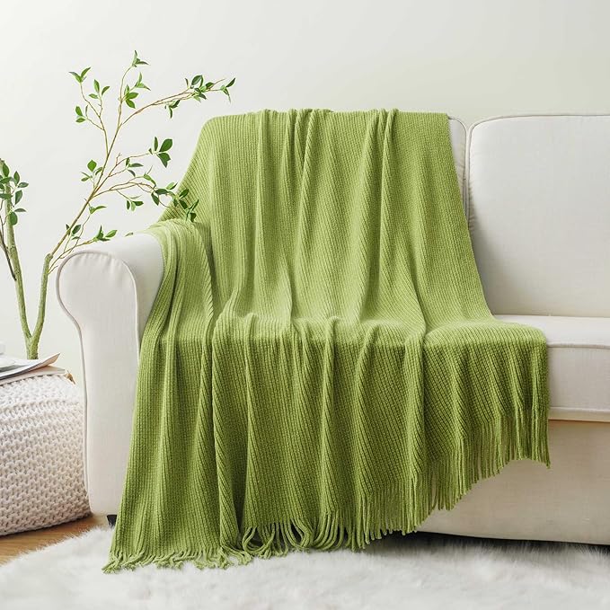 BATTILO HOME Apple Green Throw Blanket for Couch, Soft Chenille Knit Throws with Tassels for Home Decor, Spring Green Throws for Couch Cover, 60"x80"