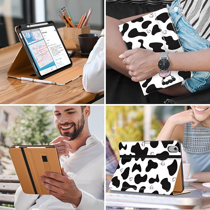 DTTO for iPad (A16) 11th Generation Case 11 Inch 2025, iPad 10th Generation Case 10.9 Inch 2022, Premium Leather Business Folio Stand Cover with Pencil Holder - Auto Wake/Sleep, Cow Print