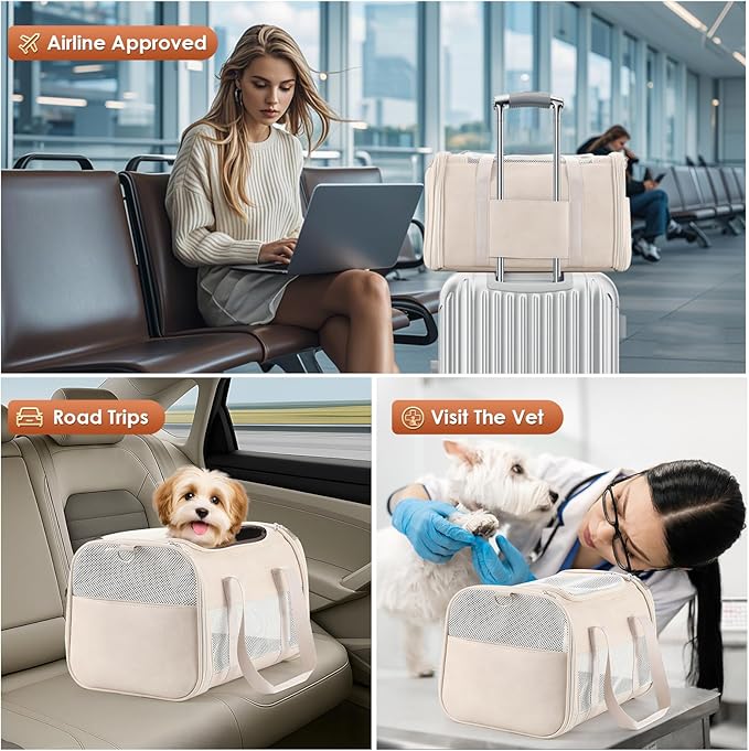 Monanller Fashion Leather Dog Carrier, Airline Approved Cat Carrier Soft Sided Pet Bag Carrier Purse for Puppy Kitten Small Animals White