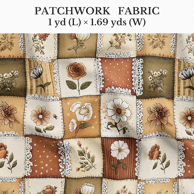 Autumn Lace Blossom Patchwork Cotton Fabric – Warm Beige & Brown Floral Patchwork Print Cotton 140 GSM, Panel 61 x 36.6 Inches, Pre-Cut Sewing Fabric Panel for Quilting, Crafts & Home Decor(USA Size)
