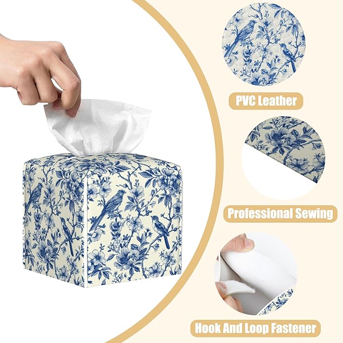 BLYKVGHQ Bird on Blooming Branches Tissue Box Cover Square, Blue Flower Tissue Box Holder with Bottom Belt Leather Facial Paper Organizer Dispenser for Bathroom Bedroom Dresser Night Stand Tabletop