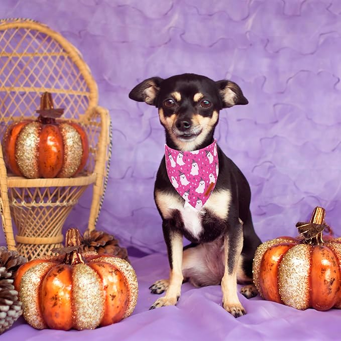 ADOGGYGO Halloween Dog Bandana, Pumpkin Ghost Pet Scarf, Premium Durable Fabric, Adjustable Fit Halloween Bandanas for Small Dogs Pets (Small)