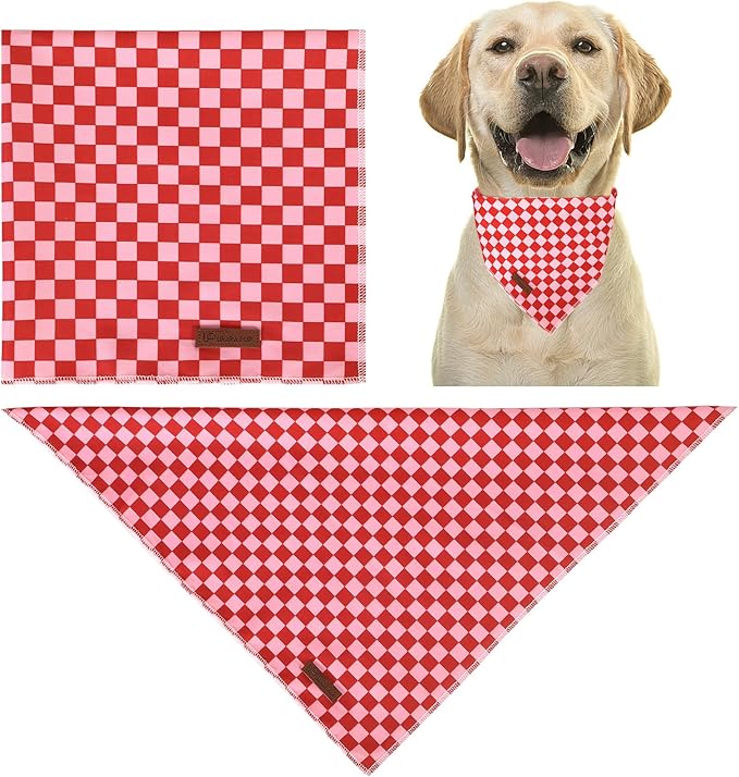 UP URARA PUP Red and Pink Plaid Dog Bandana–Red and Pink Checked Triangle Scarf for Small Medium Large Dogs, Soft Cotton Pet Bib for Dogs, Adjustable Dog Kerchief