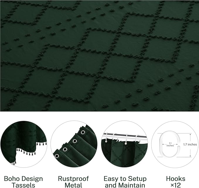 Siiluminisoy Dark Green Boho Shower Curtain Woven Fabric Cute Shower Curtain, 72 x 72 Tufted Chevron Textured Striped Modern Farmhouse Minimalist Cloth Shower Curtains for Bathroom