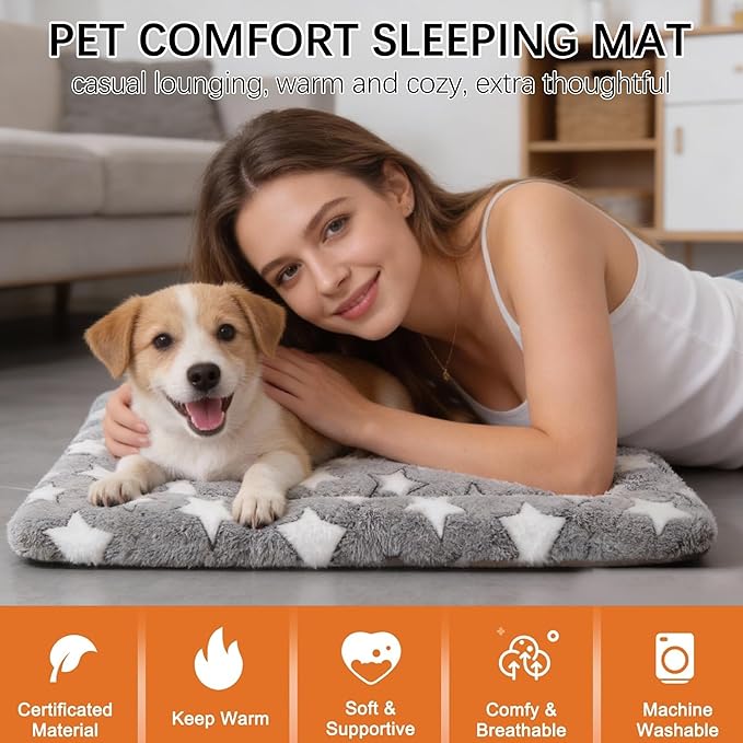 Fogkiss Dog Bed Mat, Reversible Crate Pad & Cute Dog Bed - Machine Washable Kennel Mat with Ultra Soft for Small Dogs (Cool/Warm), 24" x 18", Grey&Star