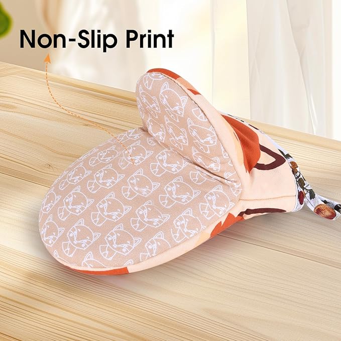 Mini Oven Mitts Cute,Silicone Oven Mitts Heat Resistant 500℉ with Non-Slip Grip and Soft Quilted Cotton Lining for Kitchen Cooking and Baking. Machine Washable-Fox