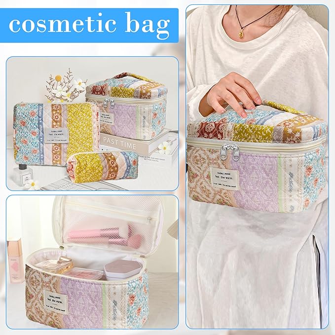 Cozomga Quilted Makeup Bag, Large Capacity Travel Cosmetic Bag for Women and Girls, Aesthetic Storage for Daily and Travel Use (3pcs-EthnicStyle)