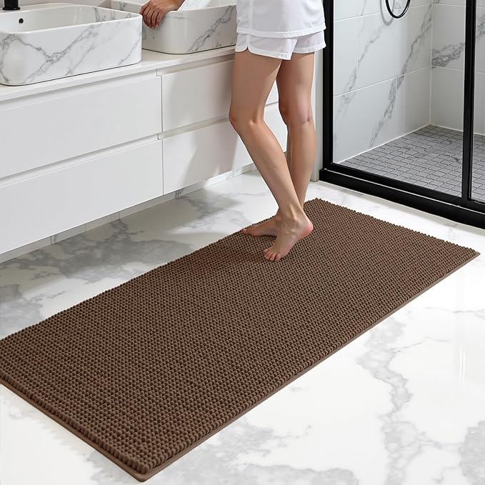 SUBRTEX Bathroom Rugs, 24" x 60" Chenille Bath Rug Soft Short Plush Bath Mat Soft Shower Mat Water Absorbent Shower Mat Quick Dry Machine Washable, Brown