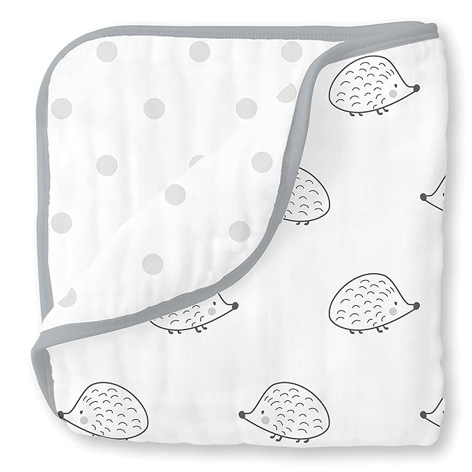SwaddleDesigns 4-Layer Cotton Muslin Luxe Blanket, Baby and Toddler Cuddle and Dream, 46x46 inches, Black Hedgehogs and Dots