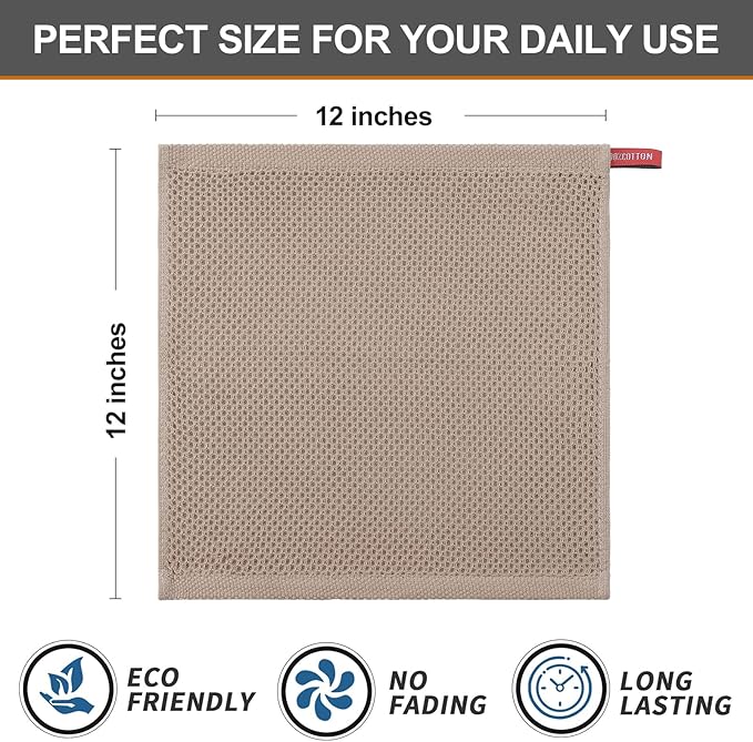 Kitinjoy 100% Cotton Kitchen Dish Cloths, 6 Pack Waffle Weave Ultra Soft Absorbent Dish Towels for Drying Dishes Quick Drying Kitchen Towels Dish Rags, 12 X 12 Inches, Tan