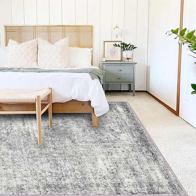 5x7 Washable Area Rug Gray Vintage Traditional Floor Cover Foldable Thin Kitchen Accent Indoor Distressed Non Slip Carpet Floral Print Mat Bedroom Living Room Bathroom