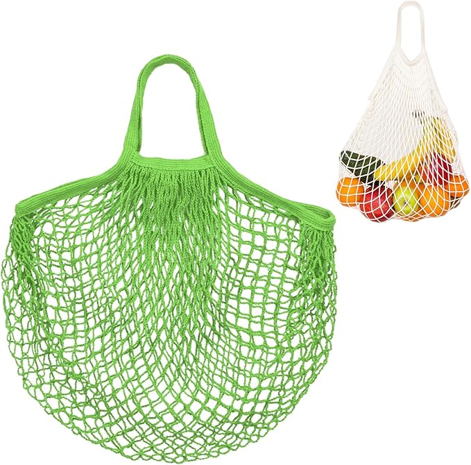M METERXITY 1-Pack Cotton Mesh Bag, Reusable Washable Mesh Net String Grocery Bags, Reusable Produce Bags with Handle, Net Tote Bag for Fruits/Vegetables Shopping [Green, Short Handle]