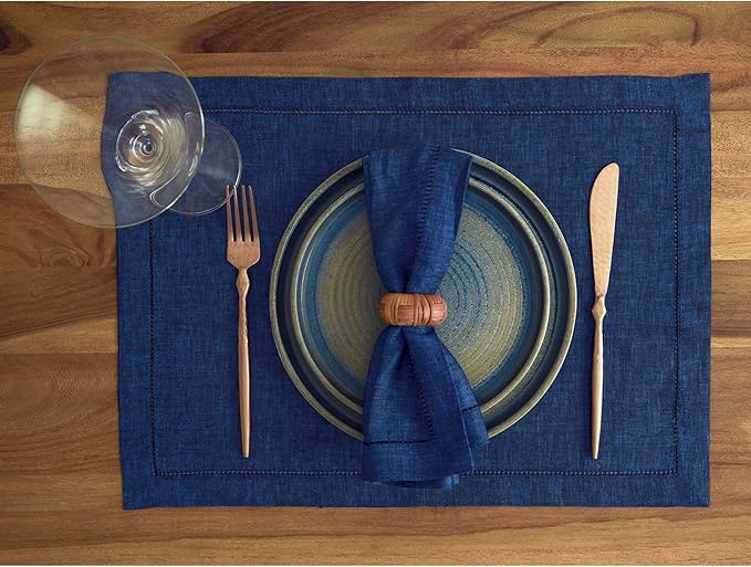 Solino Home Linen Cloth Placemats Set of 4-100% Pure Linen Hemstitch Royal Blue Placemats 14 x 19 Inch - Milan Hemstitch Table Place Mats