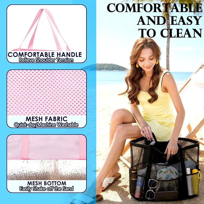 Fammart Mesh Beach Bag, Large Beach Tote with Zipper Pocket for Family Pool Bag for Toys & Vacation Essentials