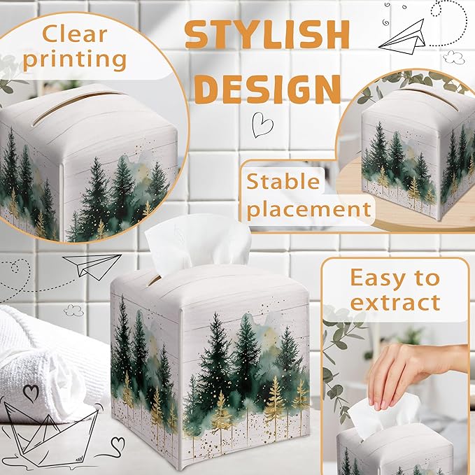 Winter Pine Tree Tissue Box Holder, Christmas Tree Leather Tissue Box Cover Square, Paper Facial Decorative Tissues Cover for Night Stands Bathroom Kitchen Office Home Decor-B17
