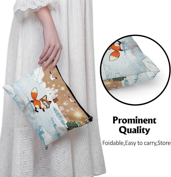 Cafl Fox Ice Skating Makeup Bag Travel Large Fox Cosmetic Bag Organizer toiletry Essentials Jewelry Zipper Bag Gift For Women -10×8 inch