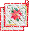 Maison d' Hermine Pot Holders Set 100% Cotton Heat Resistant Potholders 8" x 8" Hot Pads with Loop for Thanksgiving Christmas Decorations Baking Handling Hot Pans (Pack of 2, Poinsettia Christmas)