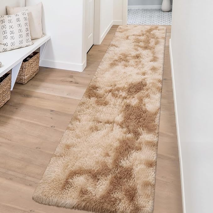 2x8 ft Plush High Pile Khaki Tie Dyed Rug Fluffy Soft Runner Bedside Rug for Bedroom Living Room Hallway Nursery Kids Home Decor Shag Carpet