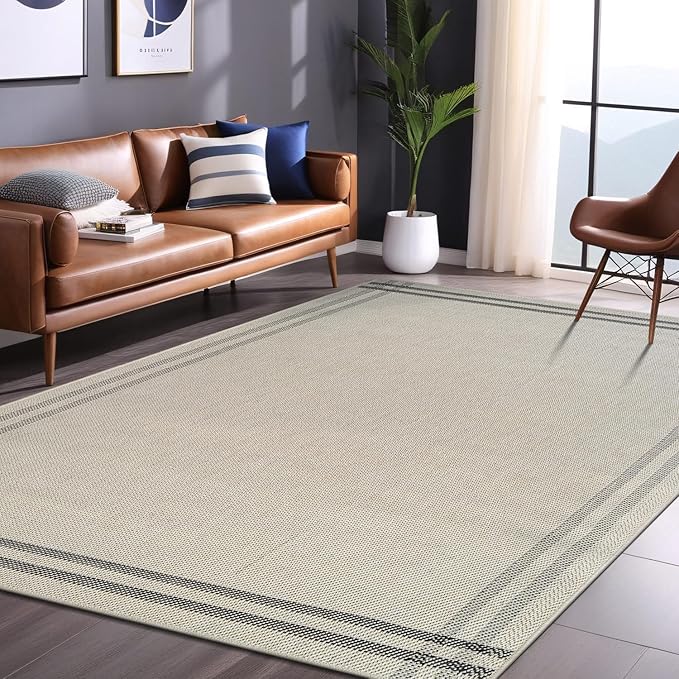 Easy Jute Rugs 5x7 Bordered Bone Color Living Room Indoor Outdoor Area Rug for Patio and Kitchen Rug High Traffic Washable Easy to Clean Solid Boho Woven Design Outside Carpet (5 x 7)