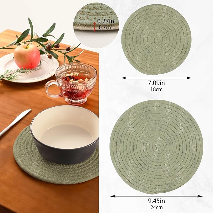 Boccsty Botanical Floral Leaves Trivet Mat 2PCS Simple Flowers Sage Green Round Woven Potholders Kitchen Table Countertop Protector Hot Pads Farmhouse Coasters Counter Mats for Cooking Baking