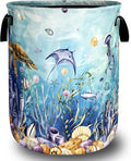 Sea Turtle Laundry Basket Oxford Cloth Ocean Animals Fish Coral Laundry Hamper With Handle Portable Clothes Storage Basket Foldable Turtles Laundry Bag 18.9"x16.5" For Laundry Room/Bedroom/Bathrooms
