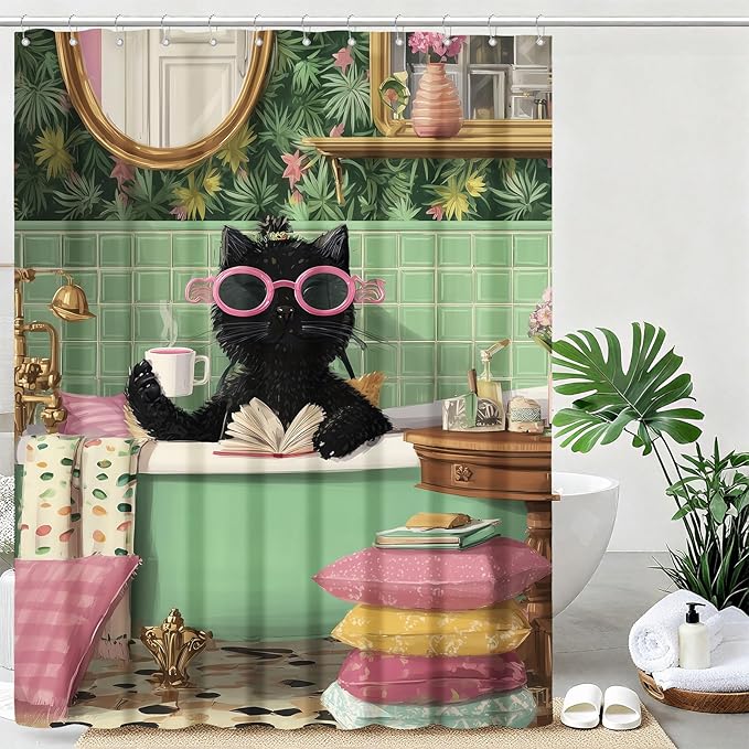 mutakin Funny Cat Shower Curtain Cute Kitten Taking Bath Shower Curtains for Bathroom Waterproof Fabric Bath Curtain Decor with Hooks
