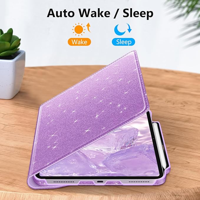 Fintie Rotating Case for iPad Air 13-inch (M3) 2025, (M2) 2024-360 Degree Swiveling Protective Stand Cover with Pencil Holder, Auto Wake/Sleep, Glittering Purple