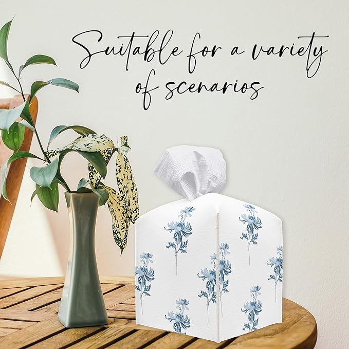 Blue Flowers Square Tissue Box Holder Cover, Floral Tissue Cube Box Organizer for Bathroom, Living Room, Office, Countertop, Car, Night Stands, Modern Home Desk Tabletop Decor - A07