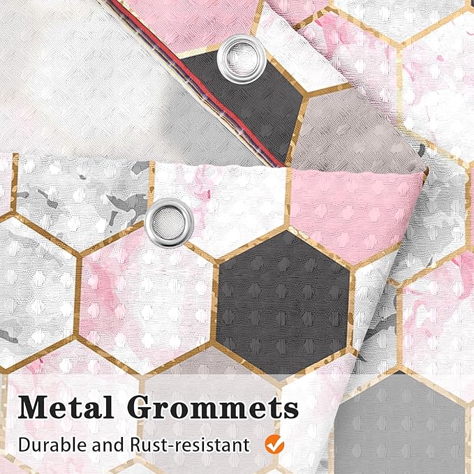 Culudea Geometric Gold Pink Shower Curtain Set, Gray Marble Vintage Bathroom Window Waterproof Shower Curtain Set for Bathroom Decor